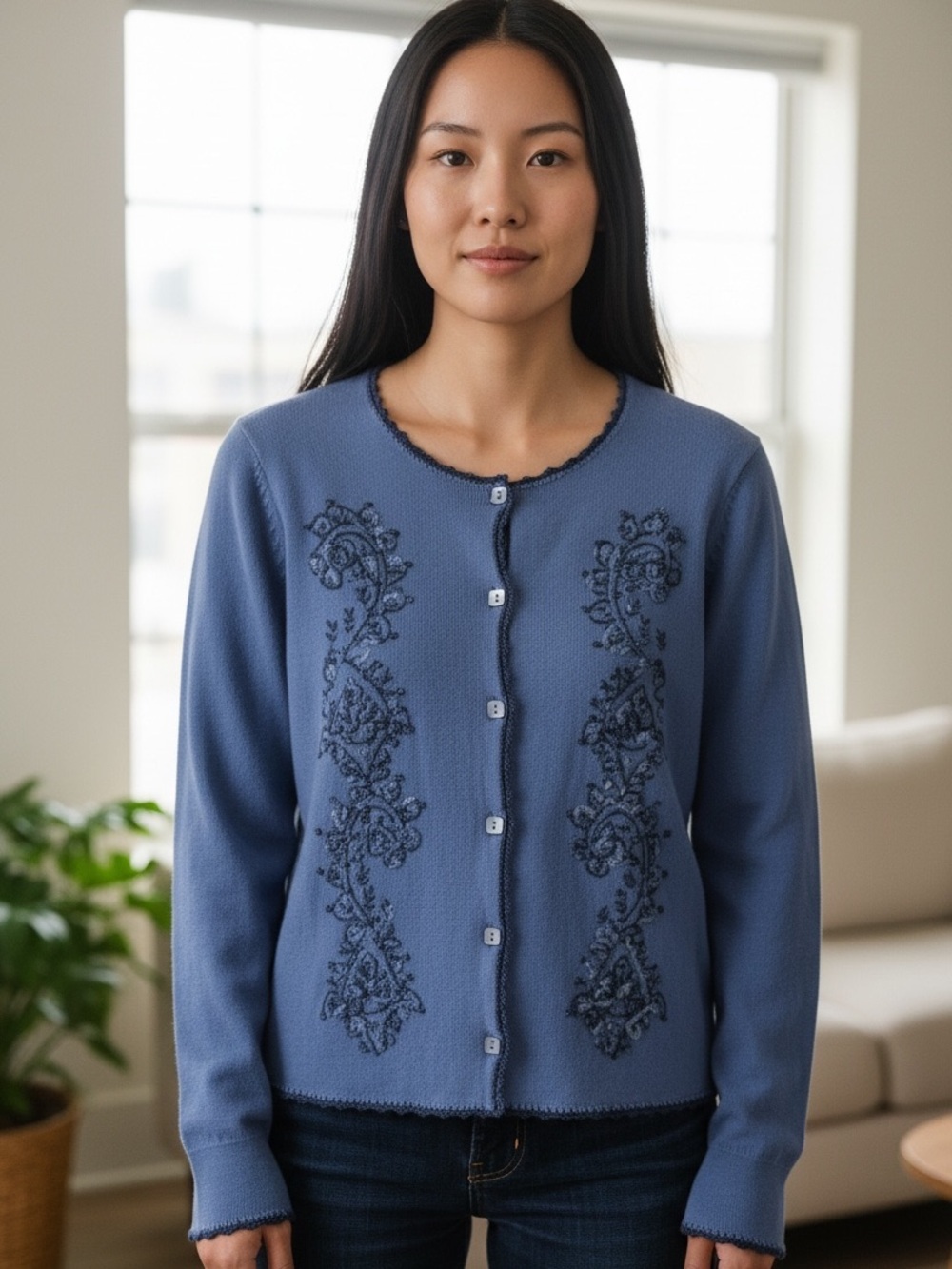 Susan Bristol Blue Floral Embroidered Crochet Trim Cardigan Sweater